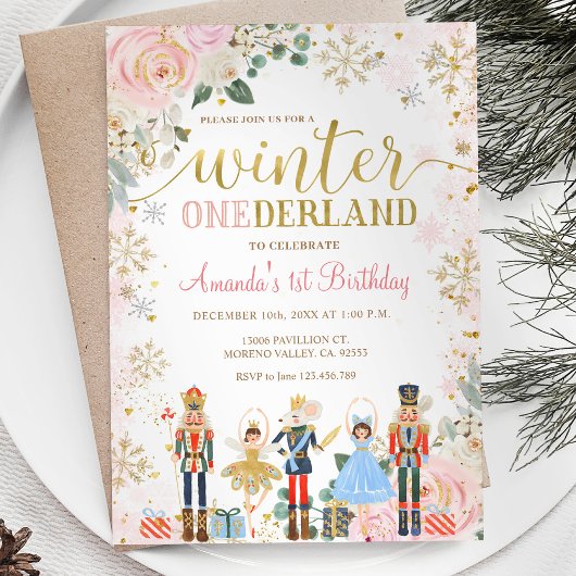 Nutcracker Pink Snowflakes Onederland Geburtstag Einladung