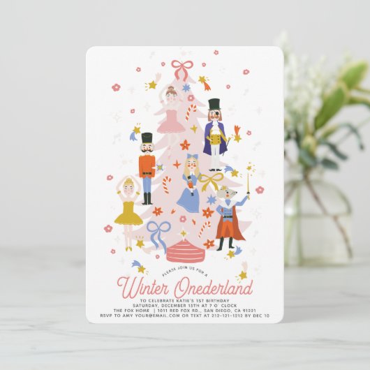 Nutcracker Pink Weihnachtsbaum 1. Geburtstag Einladung (Stehend Vorderseite)