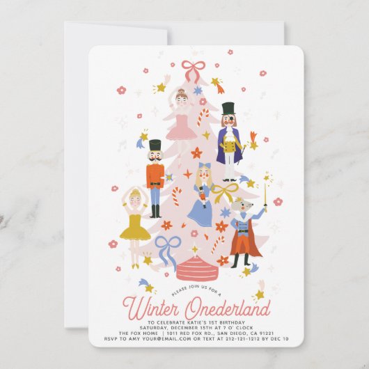 Nutcracker Pink Weihnachtsbaum 1. Geburtstag Einladung (Vorderseite)