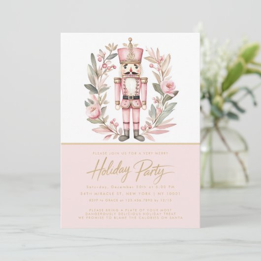 Nutcracker Pink Wreath Weihnachtsfeier Einladung (Stehend Vorderseite)