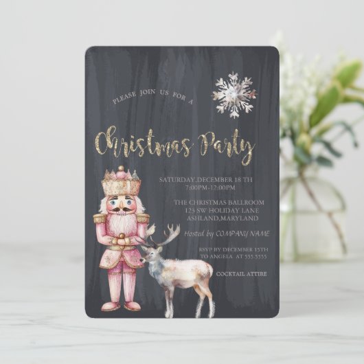 Nutcracker Reindeer, Snowflake Weihnachten Einladung (Stehend Vorderseite)