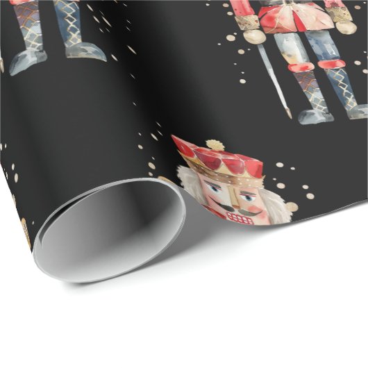 Nutcracker Soldier Snow Red Uniform auf schwarz Geschenkpapier (Rolleneckpunkt)