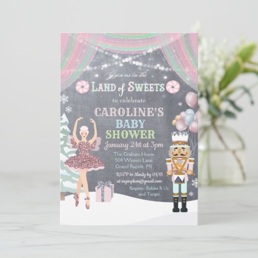 Nutcracker Sugar Plum Kinderdusche Einladung (Stehend Vorderseite)