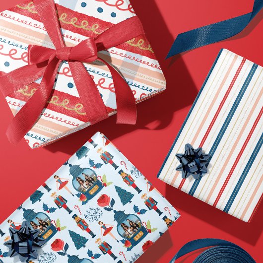 Nutcracker Weihnachtsfamilie Foto Karierte Streife Geschenkpapier Set