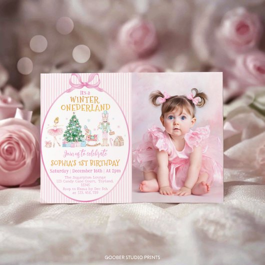 Nutcracker Winter Onederland Pink Birthday Photo Einladung