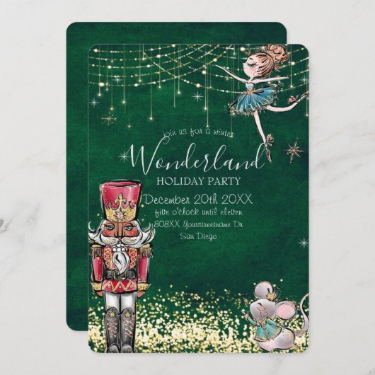 Nutcracker Winter Wonderland Weihnachten auf Grün Einladung (Vorne/Hinten)