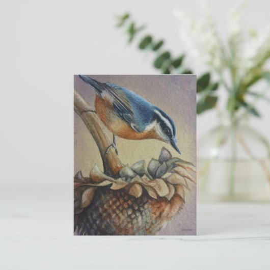 Nuthatch Bird und Sunflower Seeds Kunst, Dichtung Postkarte (Stehend Vorderseite)