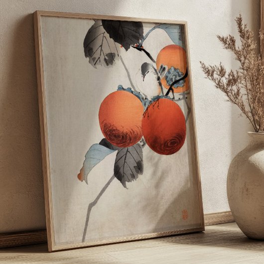 Nuthatcher atop Persimmons by Ohara Koson Japanese Poster