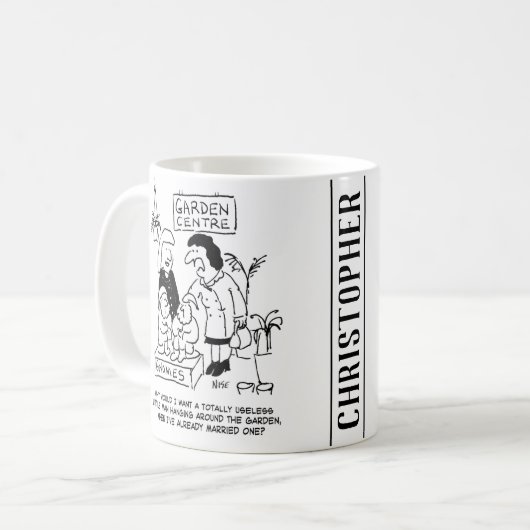 Nützliches Gnome im Gartencenter. Funny Kaffeetasse (Vorderseite Links)