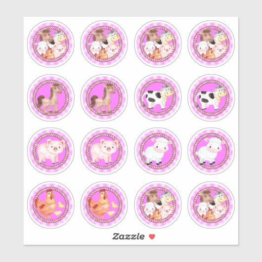 Nutztiere Set barnyard Gingham hellrosa Aufkleber (Blatt)