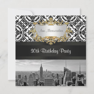 NY City Skyline BW 431 Damast Geburtstagsfeier Einladung