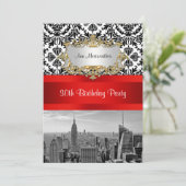 NY City Skyline BW 432 Damask Birthday Party V Einladung (Stehend Vorderseite)
