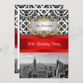 NY City Skyline BW 432 Damask Birthday Party V Einladung (Vorne/Hinten)