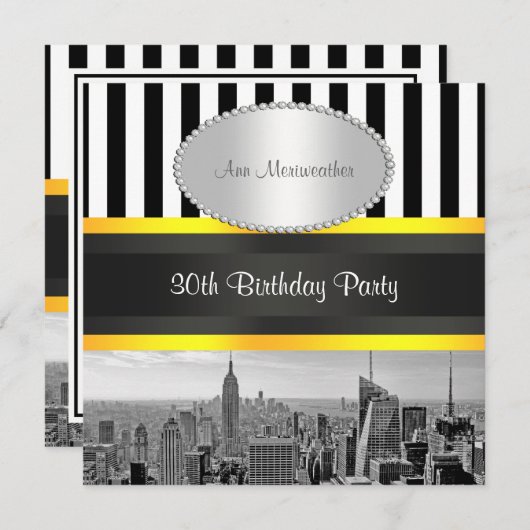 NY City Skyline BW Blk Whit Strp Yellow Birthday Einladung (Vorne/Hinten)