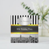 NY City Skyline BW Blk Whit Strp Yellow Birthday Einladung (Stehend Vorderseite)