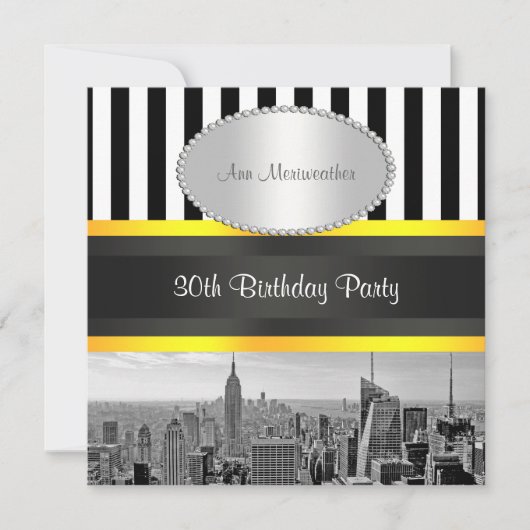 NY City Skyline BW Blk Whit Strp Yellow Birthday Einladung (Vorderseite)