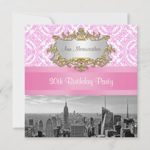 NY City Skyline BW D4P Pink Damast Geburtstagsfeie Einladung