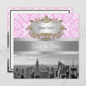 NY City Skyline BW D4P Pink White Damask Einladung (Vorne/Hinten)