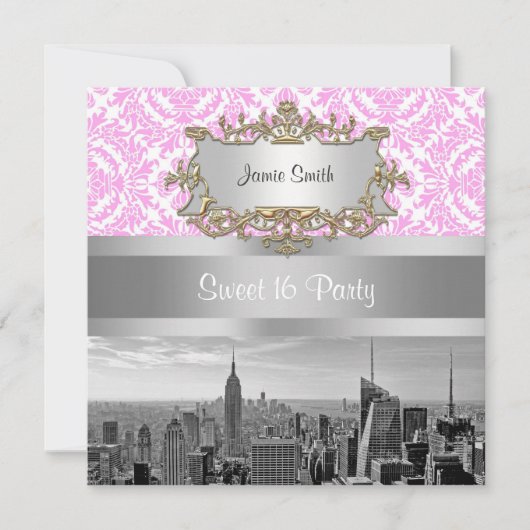NY City Skyline BW D4P Pink White Damask Einladung (Vorderseite)