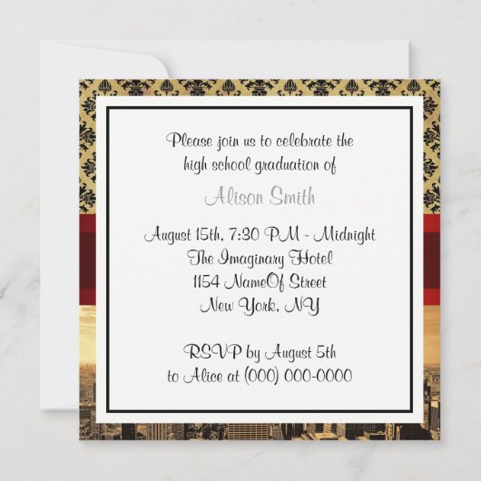 NY City Skyline Sepia B4 Damask Abschluss einladen Einladung (Rückseite)