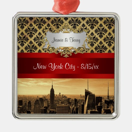 NY City Skyline Sepia B4 Damask Ornament (Vorne)