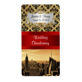 NY City Skyline Sepia B4 Damask Party Weinetikett