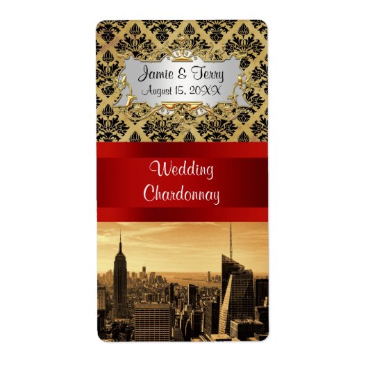 NY City Skyline Sepia B4 Damask Party Weinetikett (Vorne)