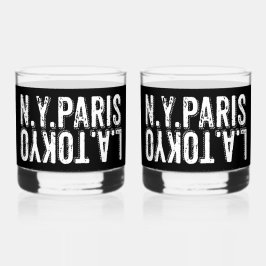 NY Paris Tokyo LA in Schrift mit Distressed-Effekt Whiskyglas