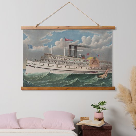 NY Voyage Grand Paddlewheel Dampfboot Pilgrim Wandteppich Mit Holzrahmen (Schlafzimmer)