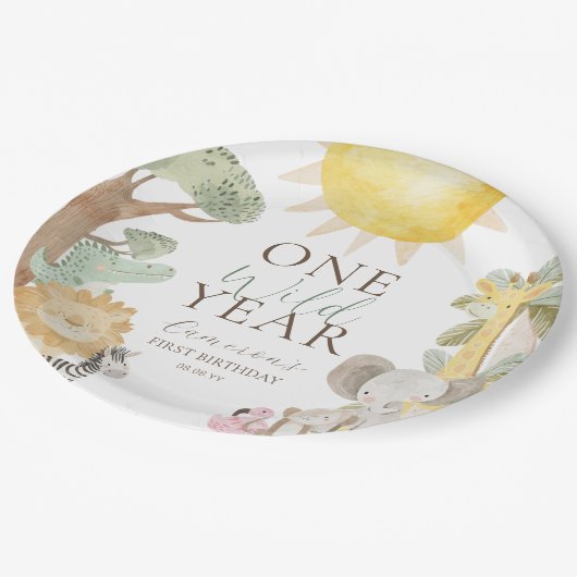 Nyala Safari Tiere Ein wildes Jahr erster Geburtst Pappteller (Schrägansicht)