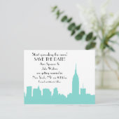 NYC Aqua Skyline Silhouette Save the Date Ankündigungspostkarte (Stehend Vorderseite)