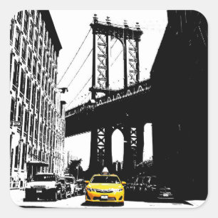 Nyc Brooklyn Bridge New York City Yellow Taxi Hint Quadratischer Aufkleber