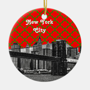 NYC Brooklyn Bridge Red Grn Quatrefoil Xmas Keramik Ornament