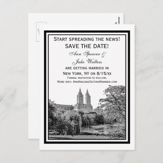 NYC Centro Pk Lake San Remo Etchd SQ Save the Date Ankündigungspostkarte (Vorne/Hinten)