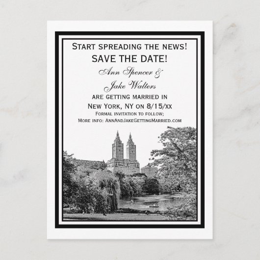 NYC Centro Pk Lake San Remo Etchd SQ Save the Date Ankündigungspostkarte (Vorderseite)