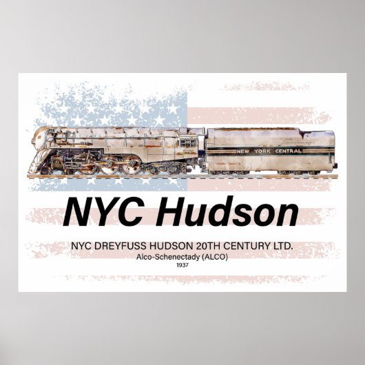 NYC Dreyfuss Hudson Locomotive. American flag Poster (Vorne)