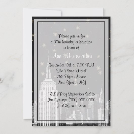 NYC ESB Skyline Etched Black Starry Birthday V Einladung (Rückseite)