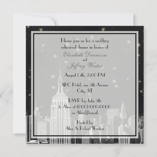 NYC ESB Skyline Etched Black Starry Probe Din Einladung (Rückseite)