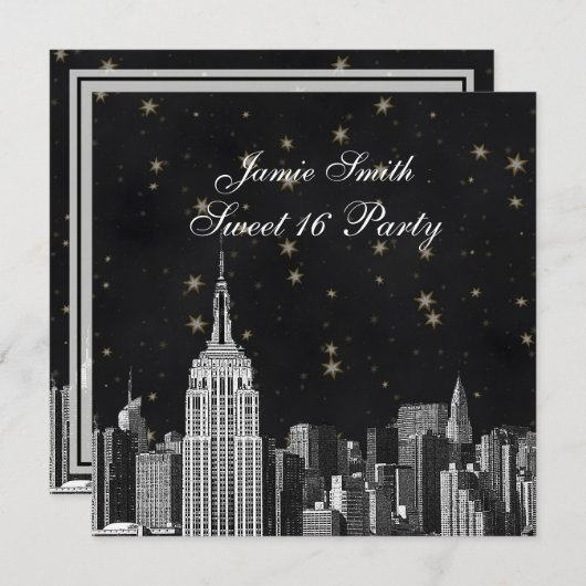 NYC ESB Skyline Etched Black Starry Sweet 16 Einladung (Vorne/Hinten)