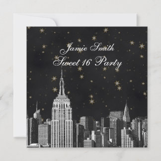 NYC ESB Skyline Etched Black Starry Sweet 16 Einladung