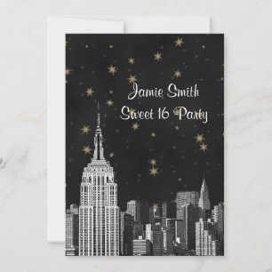 NYC ESB Skyline Etched Black Starry Sweet 16 V Einladung