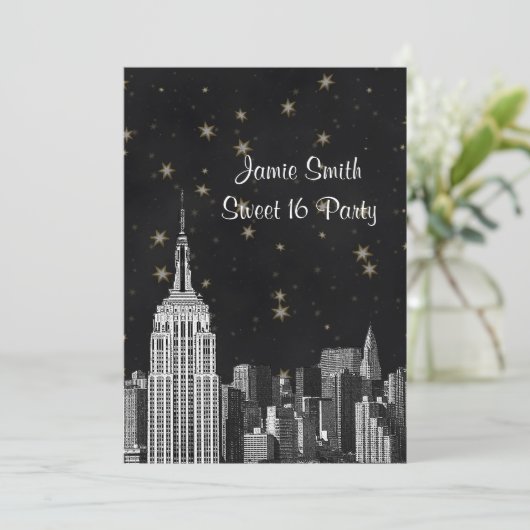 NYC ESB Skyline Etched Black Starry Sweet 16 V Einladung (Stehend Vorderseite)
