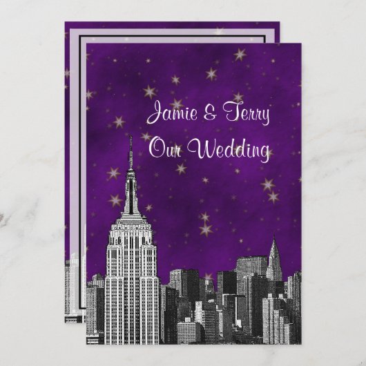 NYC ESB Skyline Etched Lila Starry Wedding Einladung (Vorne/Hinten)