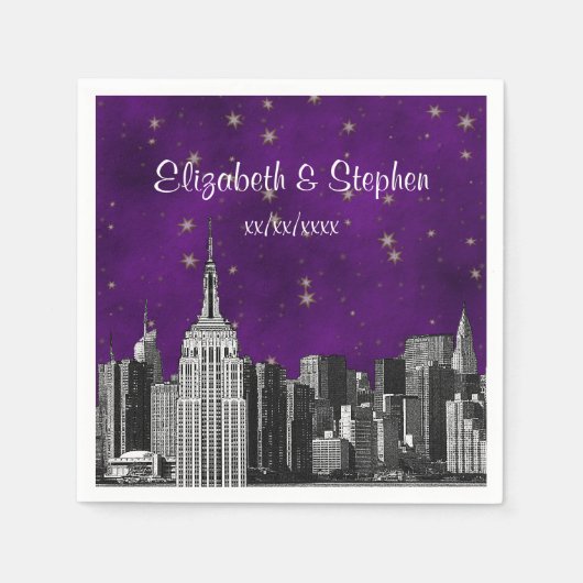 NYC ESB Skyline Etched Lila Starry Wedding Serviette (Vorderseite)