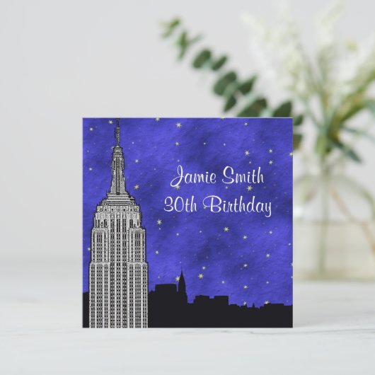 NYC ESB Skyline Silhouette Blue Starry BG Geburtst Einladung (Stehend Vorderseite)
