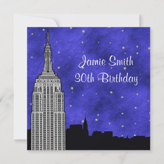 NYC ESB Skyline Silhouette Blue Starry BG Geburtst Einladung (Vorderseite)