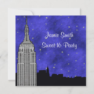NYC ESB Skyline Silhouette Blue Starry BG Sweet 16 Einladung
