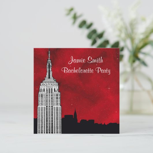 NYC ESB Skyline Silhouette Red Starry Bachelorette Einladung (Stehend Vorderseite)