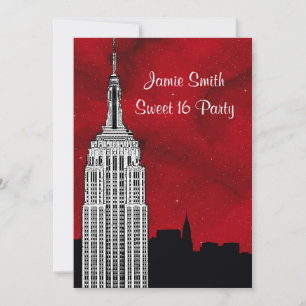 NYC ESB Skyline Silhouette Red Starry BG2 Sweet 16 Einladung