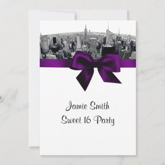 NYC Etched Fisheye Skyline BW Lila Sweet 16 Einladung
